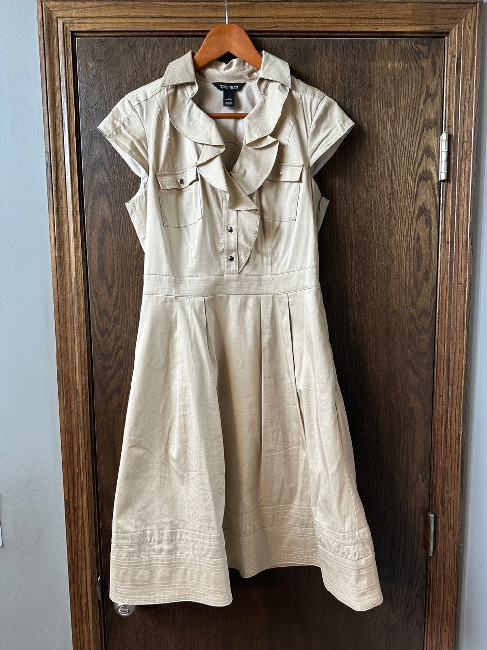 White House Black Market Cream Ruffle-Neck Fit & Flare Midi Dress